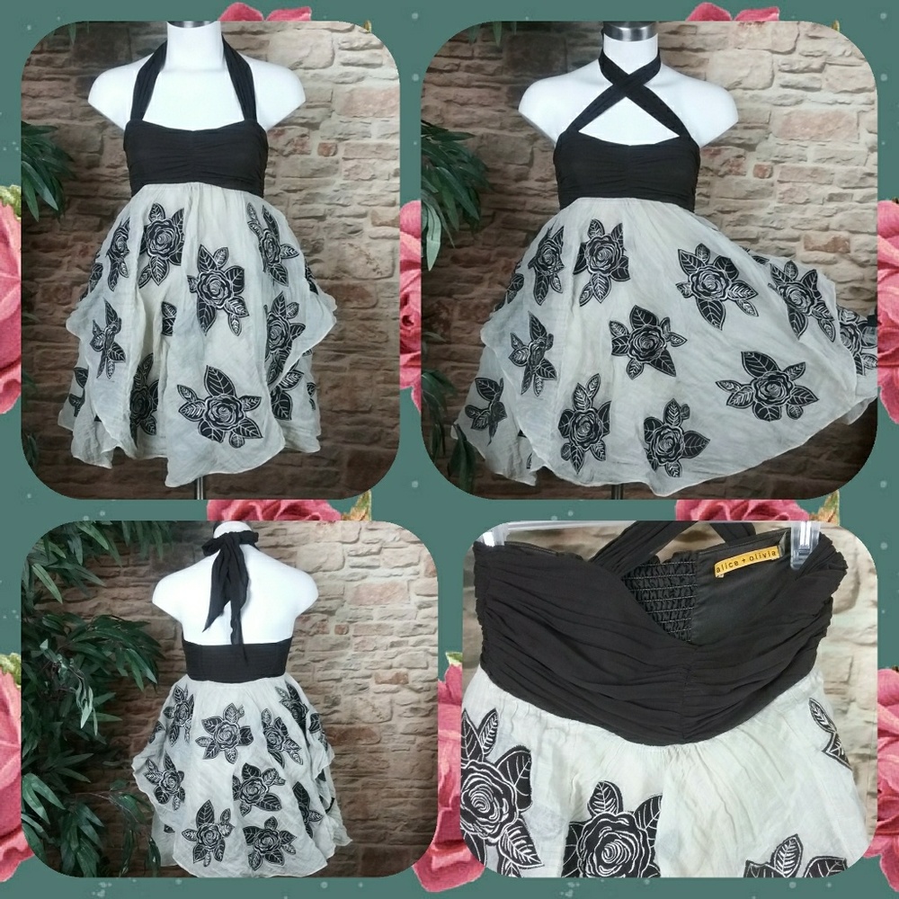 Alice + Olivia  Halter Dress 100% Silk Floral Applique